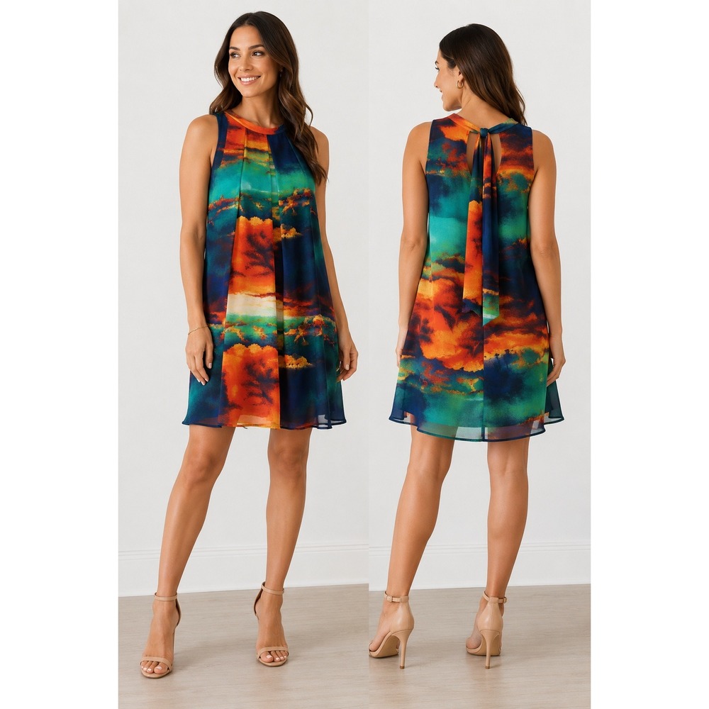 Colorful Abstract Shift Dress Tie Neck Back Sleeveless Size 10‎ Chic